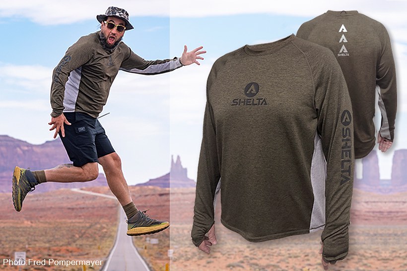 picture of man mid jump wearing the olive sun shirt and ko camo sun hat